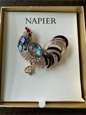 Napier Gold-Tone Rooster Brooch with Abalone, Black Enamel & Clear Crystals